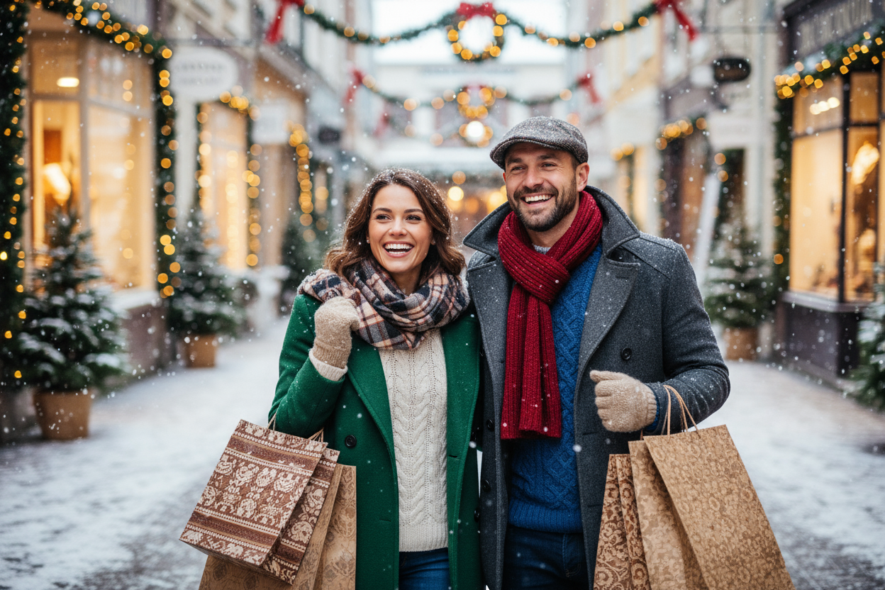 woman and men, shopping, smiling, winter